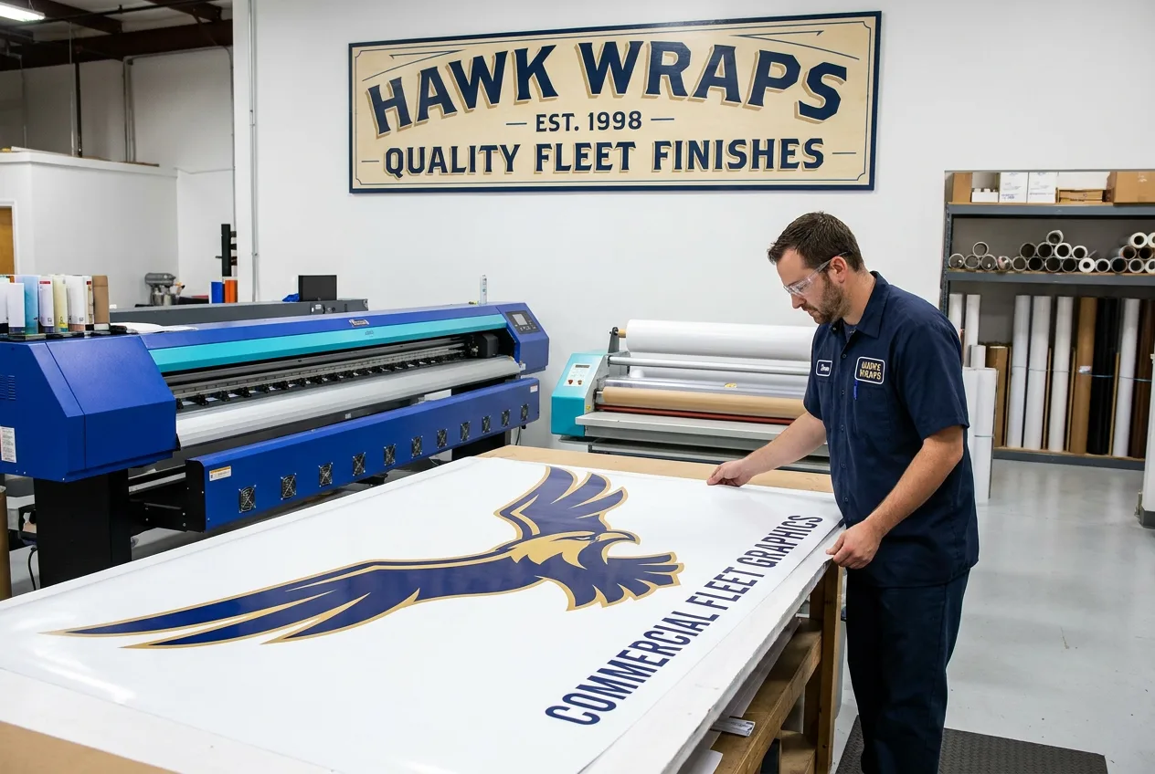 Large-format vehicle graphic production and lamination workflow