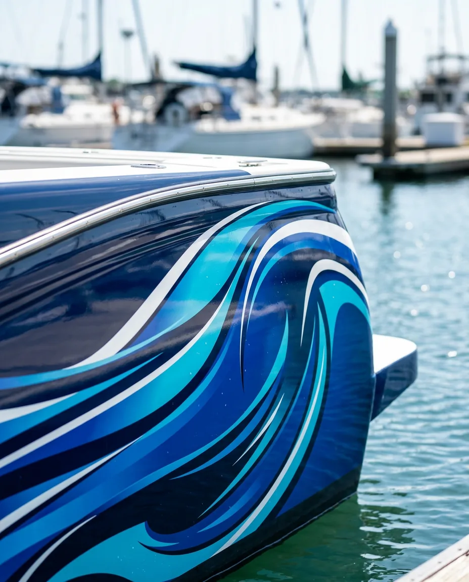Detail of a custom-wrapped boat hull curving around the sheer line