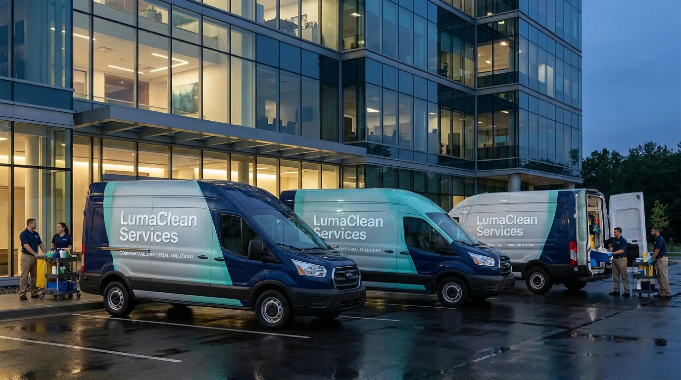 commercial janitorial cargo van fleet outside an office property