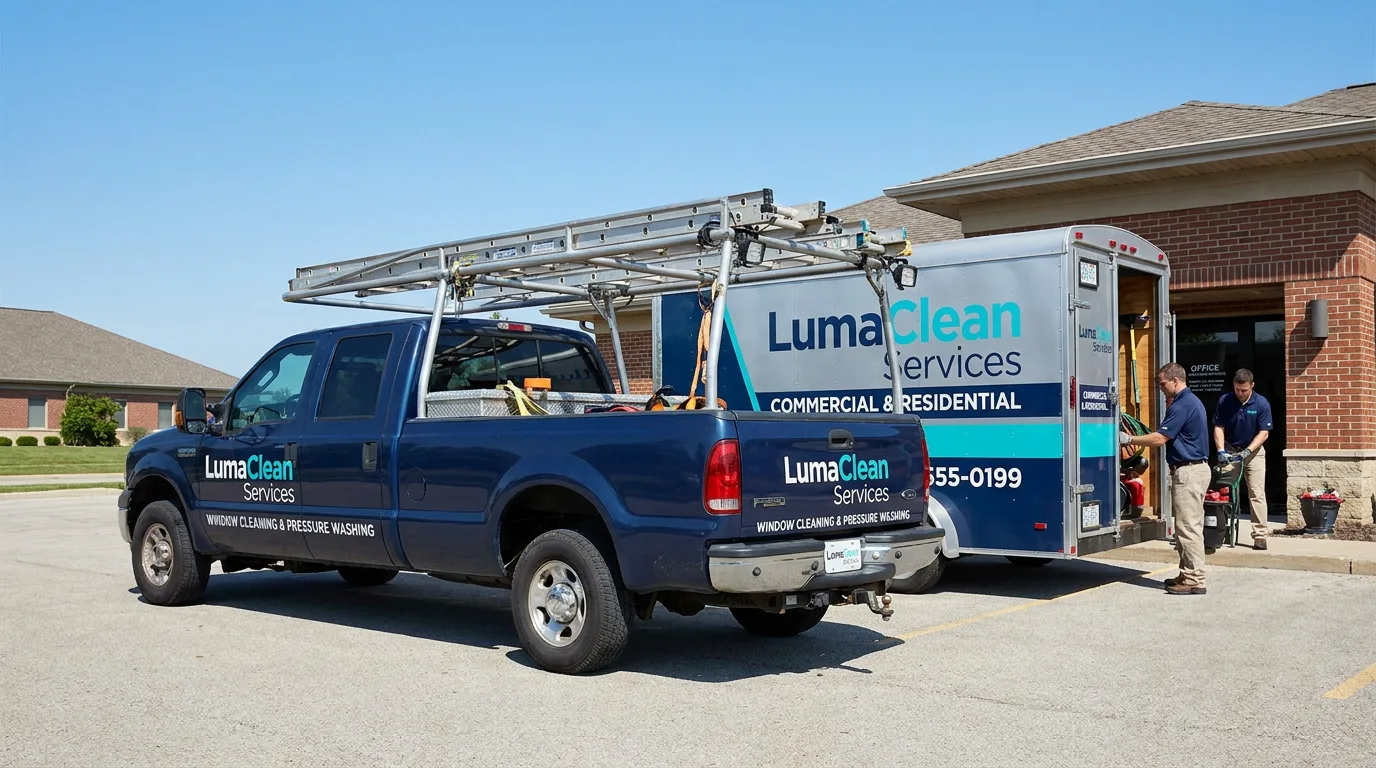 window cleaning and pressure washing pickup with rack and trailer graphics