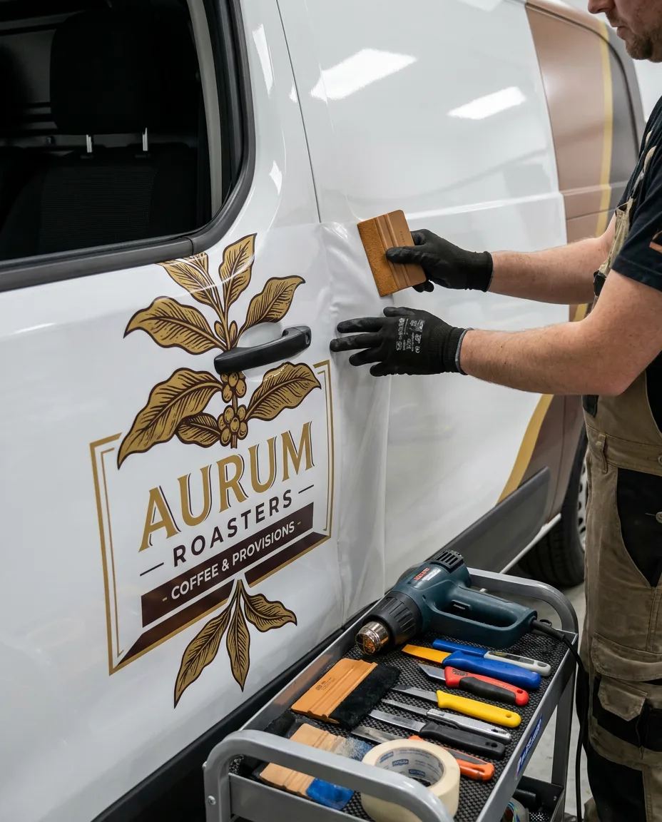 close-up of wrap being applied — vinyl detail, squeegee work