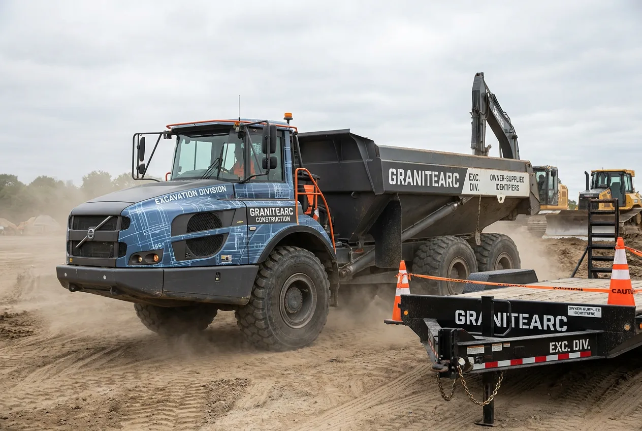 excavation dump truck cab and equipment trailer lettering