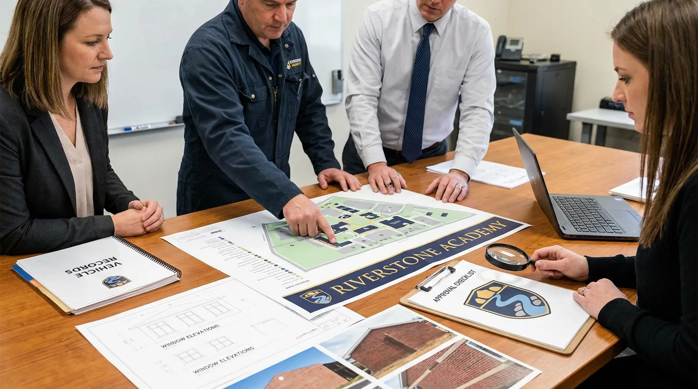 school administrator facilities lead and designer reviewing campus graphics plan
