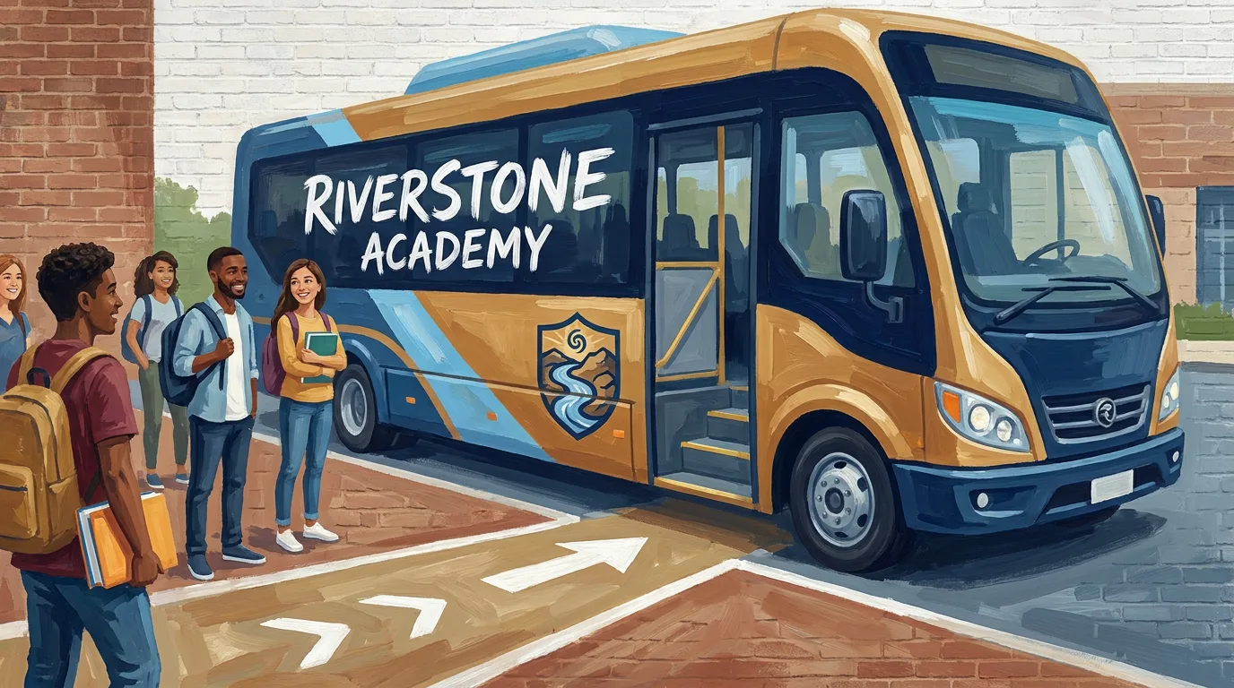 university campus shuttle with approved identity graphics
