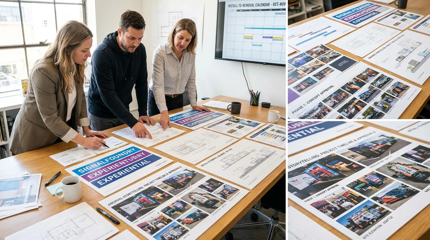 agency producer and graphics team reviewing activation assets schedule and vehicle proofs