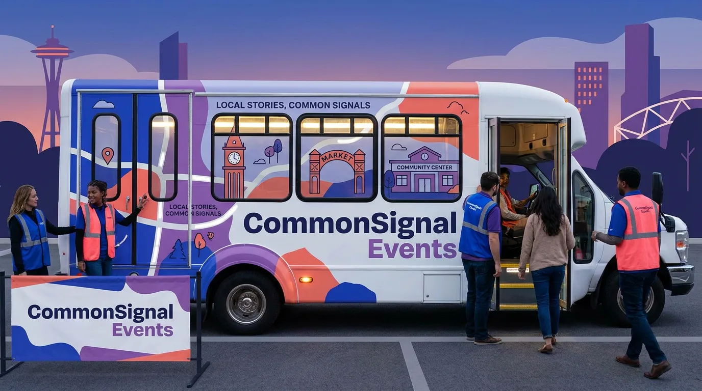 branded campaign bus and passenger shuttle at event venue