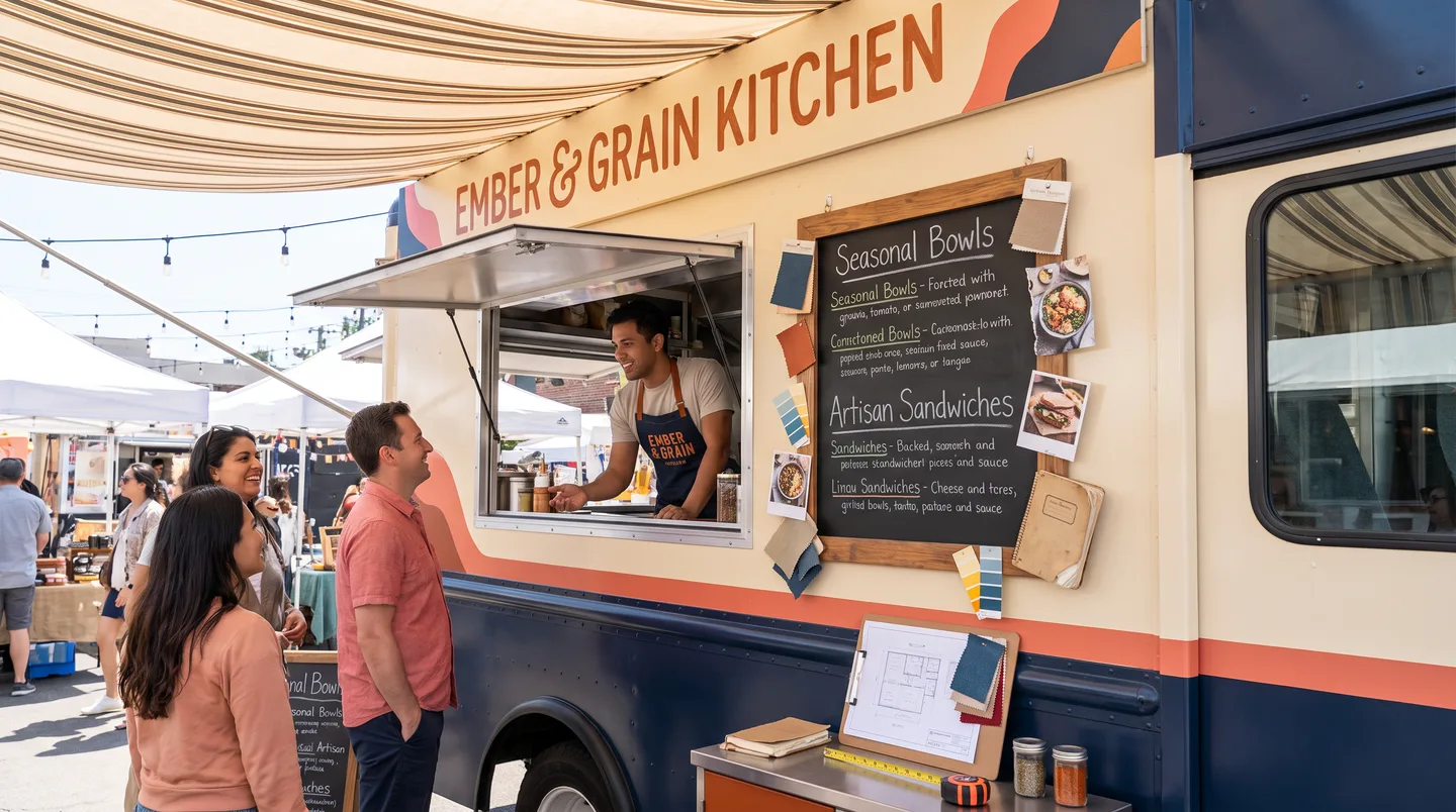 food truck wrap designed around service window and ordering zone