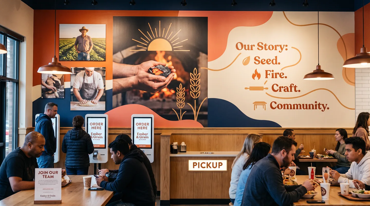 branded restaurant interior feature wall and pickup zone