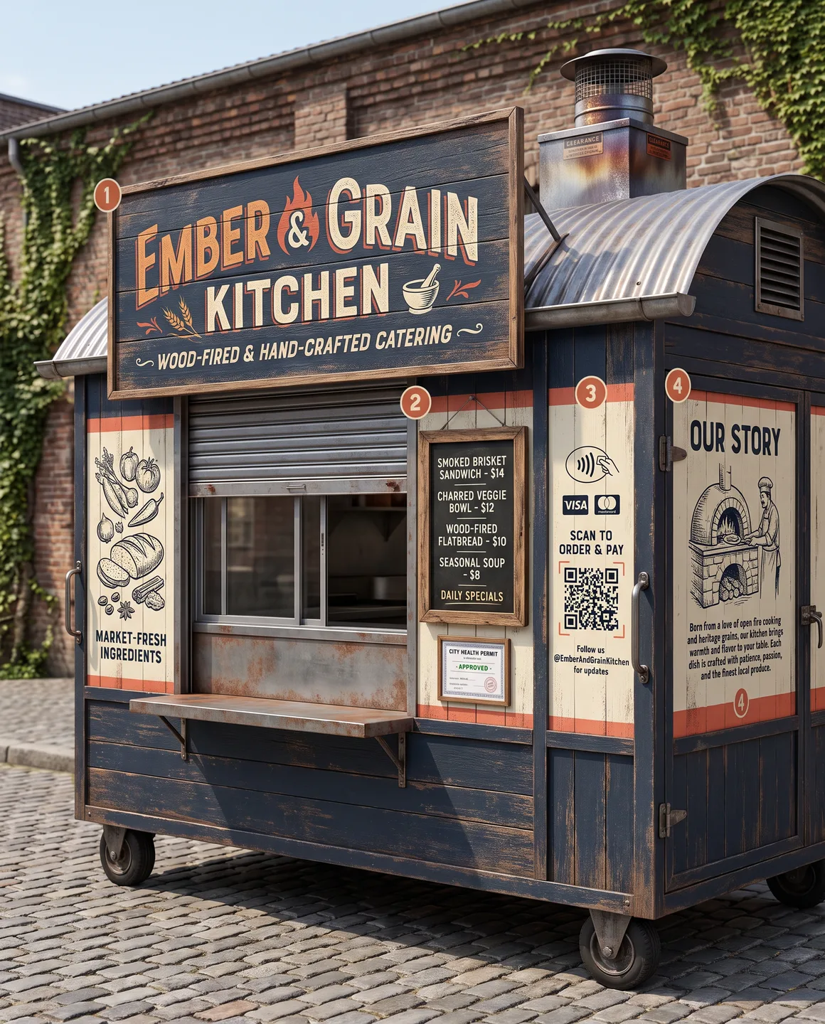 annotated food cart graphic hierarchy with brand menu and clear zones