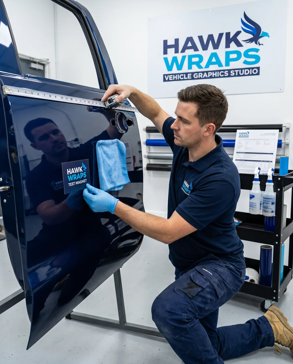 technician checking a flat steel vehicle door panel before sizing a custom magnetic sign