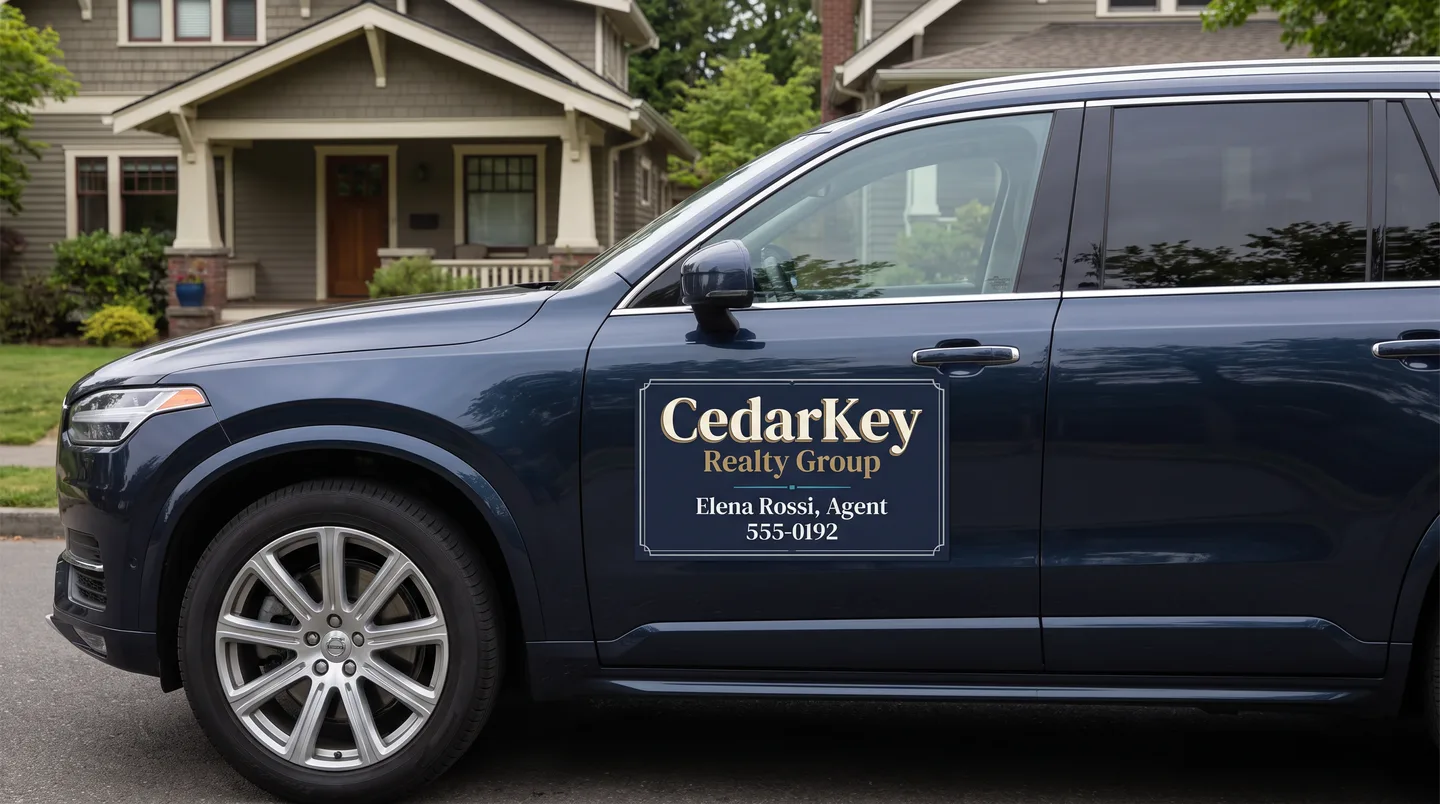 real estate agent magnetic sign concept on a compatible steel SUV door