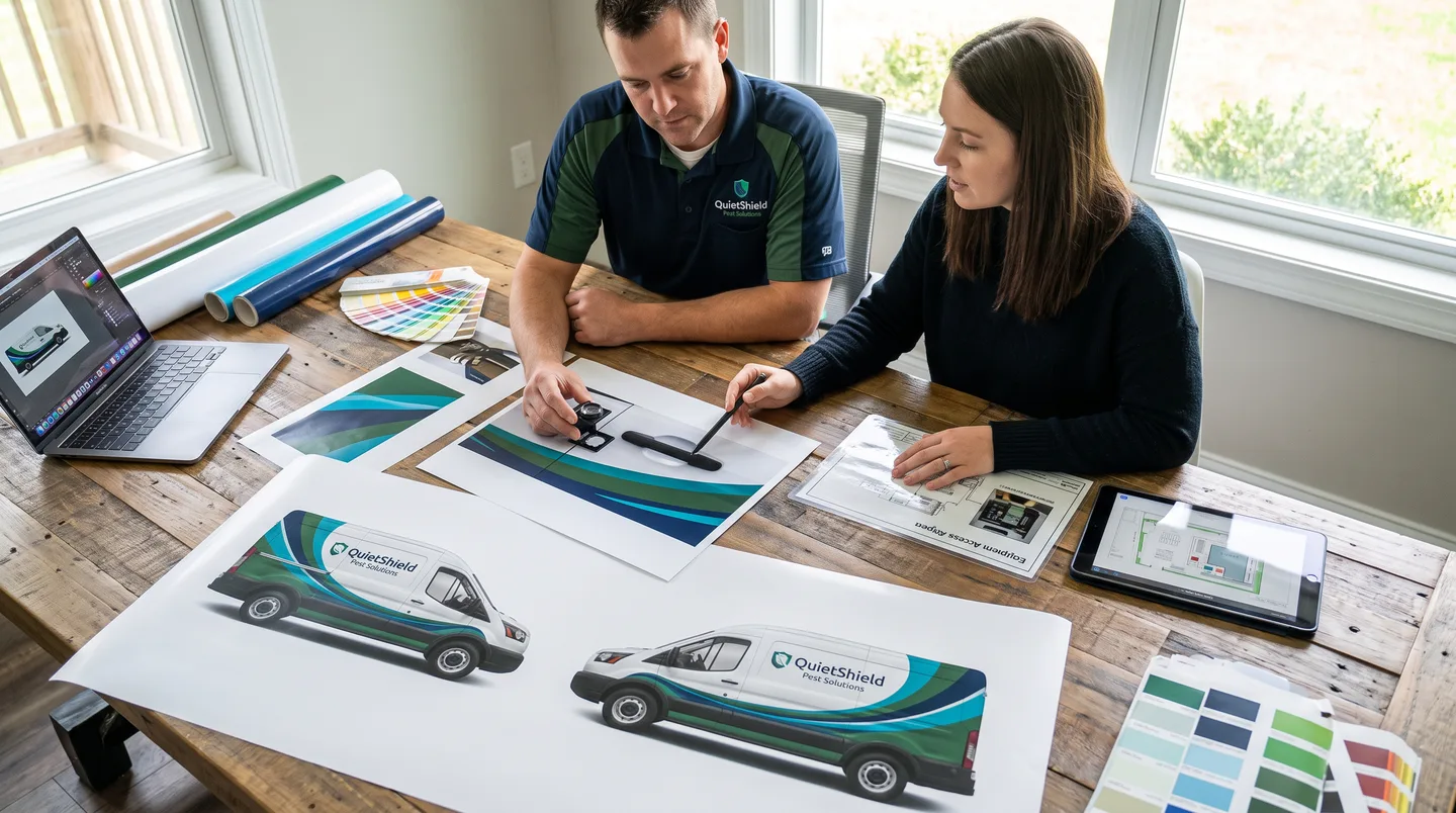 pest control operator and designer reviewing vehicle graphics and equipment access