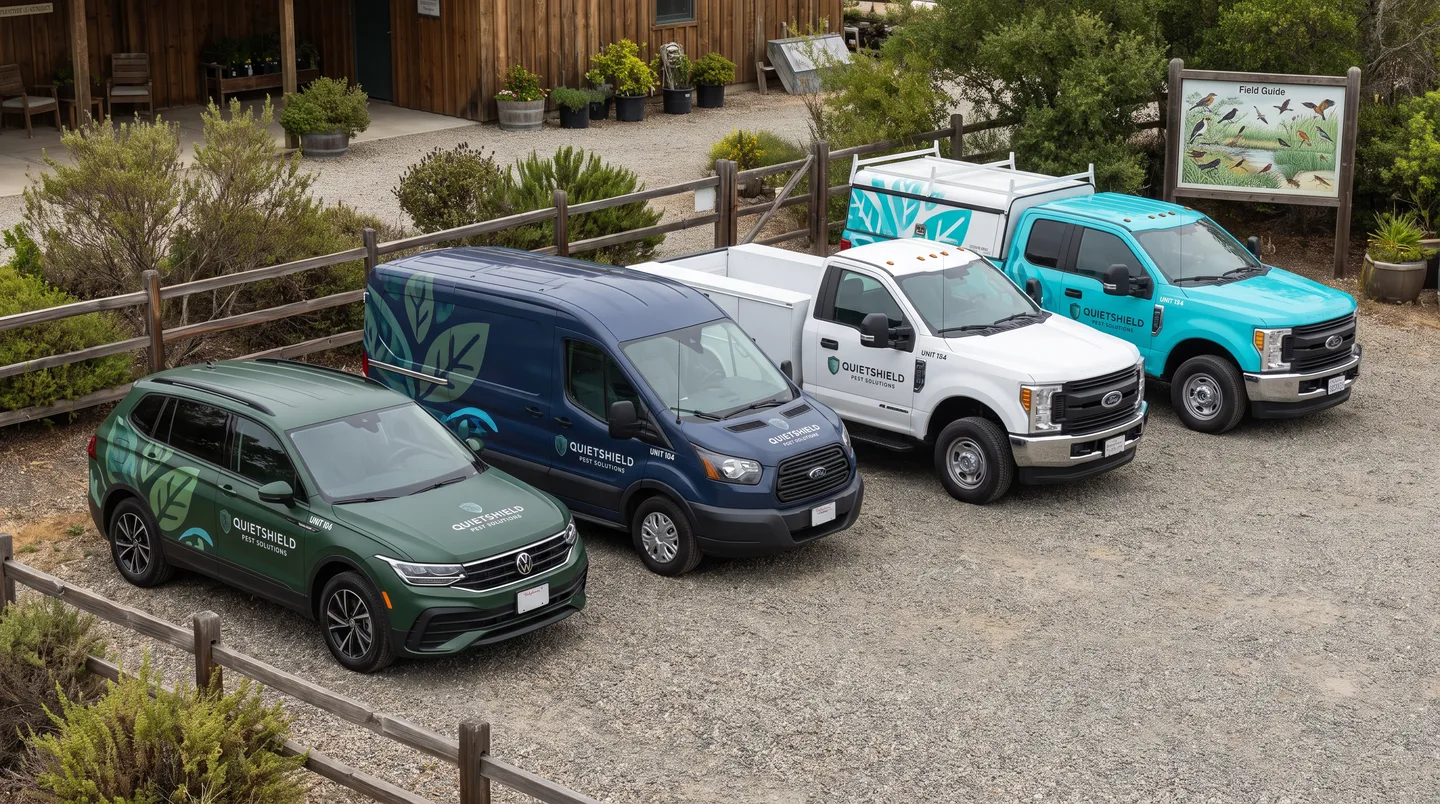 coordinated mixed pest control fleet of cars vans and pickups