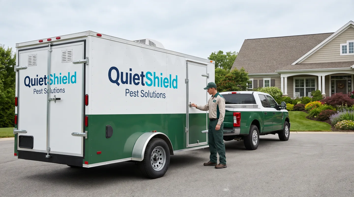 pest control trailer with equipment doors and safety hardware unobstructed