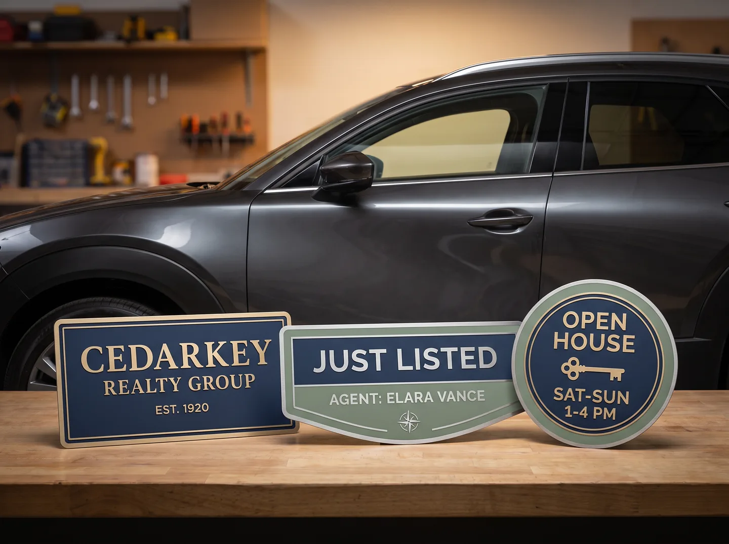 minimal real estate agent vehicle lettering concept