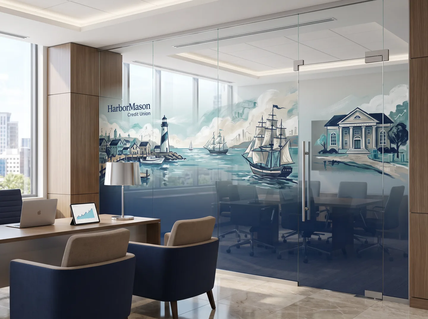 bank interior glass partition gradient film concept