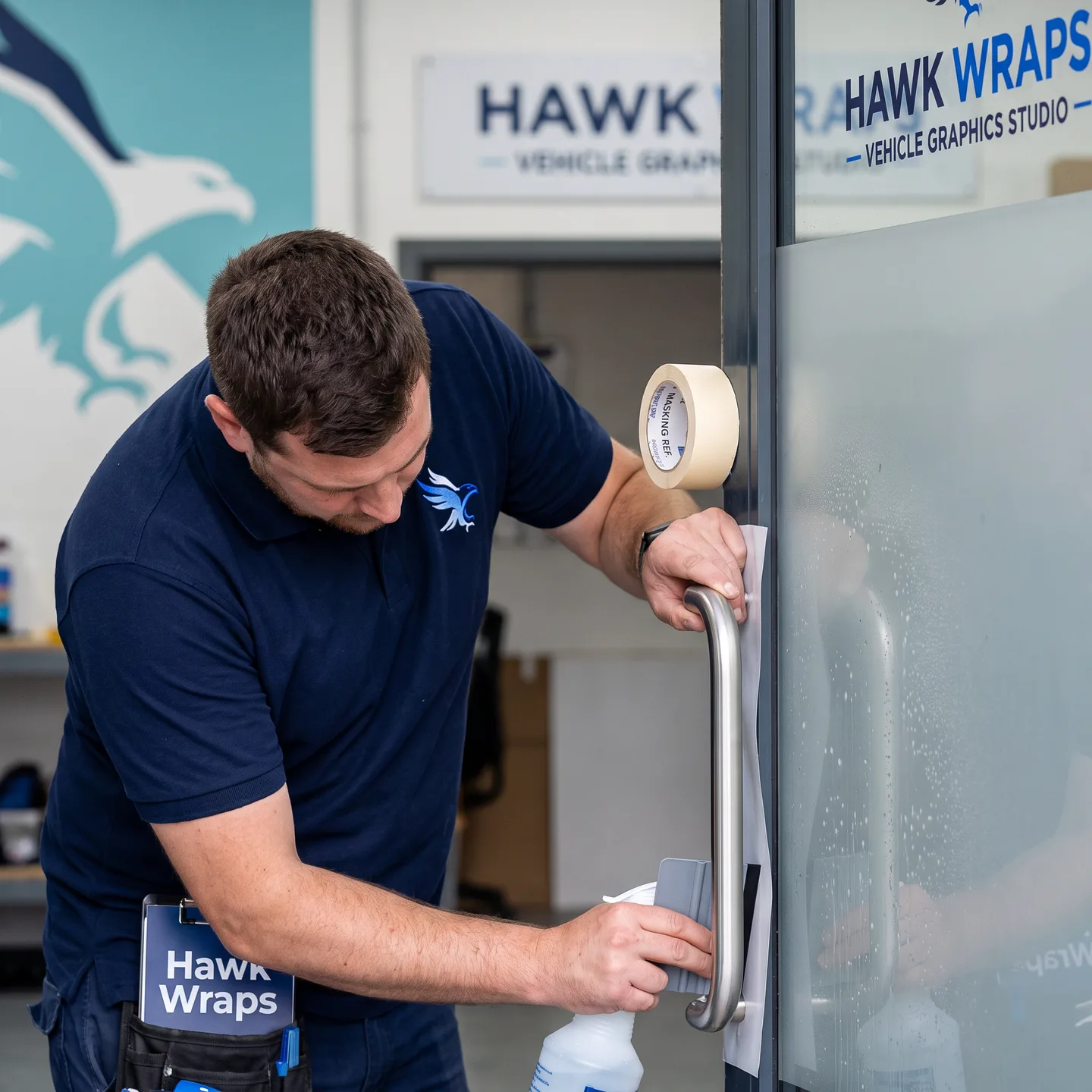 installer aligning frosted window film around a door handle close-up