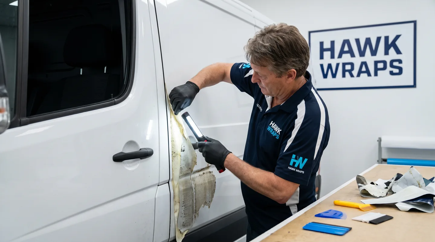 technician peeling a panel of vinyl during a removal job